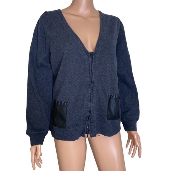 Lane Bryant charcoal gray with black faux leather pockets zip up cardigan SZ 18 - Picture 2 of 11